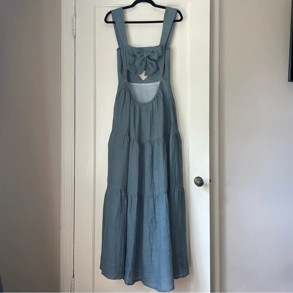NWT Rumer (Anthropologie) 100% Linen Mia Maxi Dress Liberty Blue/Green Sm ($349) - Picture 6 of 13